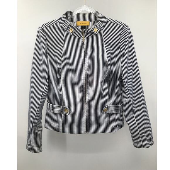 St. John Blue White Striped Stretch Zip Front Jacket M